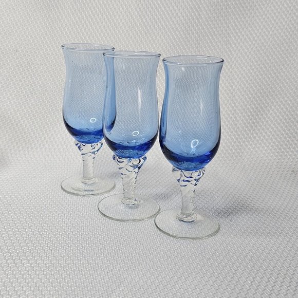 3 Vintage Blue Twisted Stem Shot Aperitif Cordial Glasses 4.5" barware stemware - Picture 6 of 10